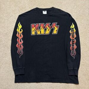 Vtg KISS Shirt Mens XL Black Hotter Than Hell Flames Long Sleeve Alstyle 2001